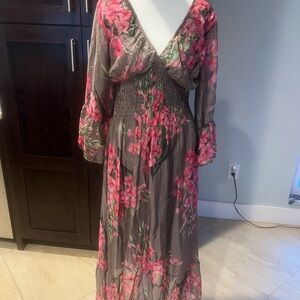 Floral Long Sleeve Silk Dress